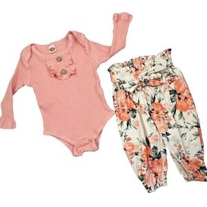 Baby Girl 2-Piece Outfit 6–12M Pink Ribbed Bodysuit Floral Pants EUC
